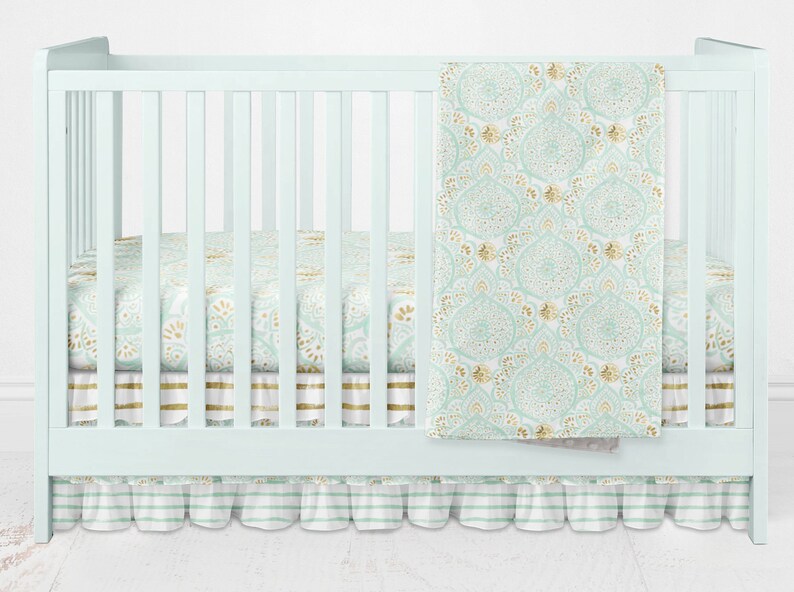 Crib Bedding Girl Nursery Medallion In Mint Gold India Indian Etsy