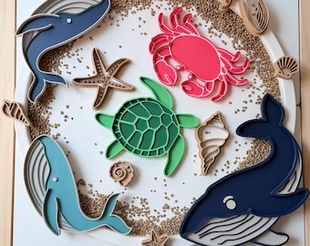 Ocean Sensory Trays & Playdough Tools | 3D Printed Whale, Sea Turtle Crab Trays | Montessori Sensory Play | Eco-Friendly PLA | Dough Cutter