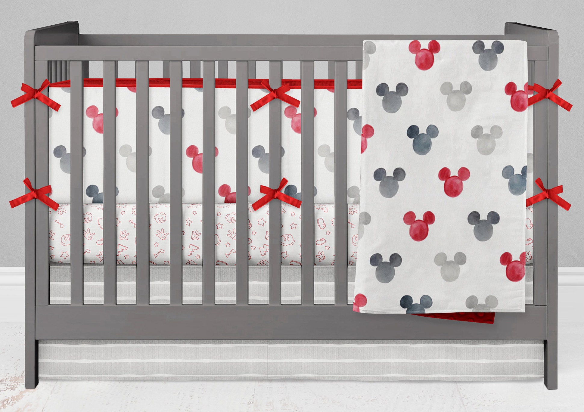 Crib Bedding Mickey Mouse Boy Or Girl Watercolor Red Black Etsy