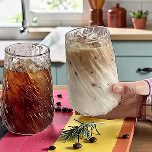 Taza de café de vidrio de 400 ml, transparente, acanalada, para café helado, taza de té estética, moderna, para el hogar y la cocina.