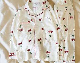 Conjunto de pijama de algodón con estampado de cerezas: pijama de dos piezas de manga larga para estar en casa.