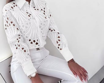 Camicetta da donna con bottoni, casual, a maniche lunghe, leggera, con apertura frontale, minimalista, ideale per tutti i giorni, primavera/estate.