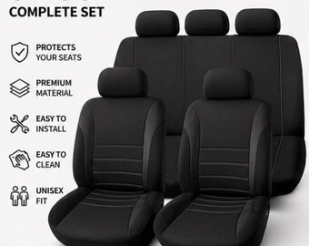 Full Set Car Seat Covers 9PCS – Universal Fit PU Leather Interior Protection | Front & Rear Seats + Headrests | Black Classic Design