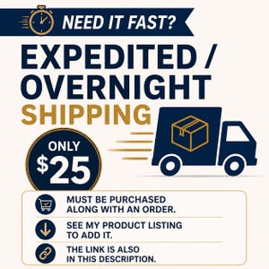 Op de afbeelding: Een afbeelding met een donkerblauwe banner, een gouden klokicoon en de tekst NEED IT FAST? Daaronder staat de tekst EXPEDITED / OVERNIGHT SHIPPING in grote blauwe en gouden letters naast een donkerblauw icoon van een bestelwagen.