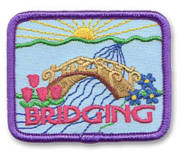 Puede incluir: Un parche bordado rectangular con borde morado sobre fondo azul claro, que muestra un sol amarillo, un puente arqueado color canela sobre agua azul, tulipanes rosas y flores azules. La palabra BRIDGING est&aacute; bordada en letras rosas abajo.