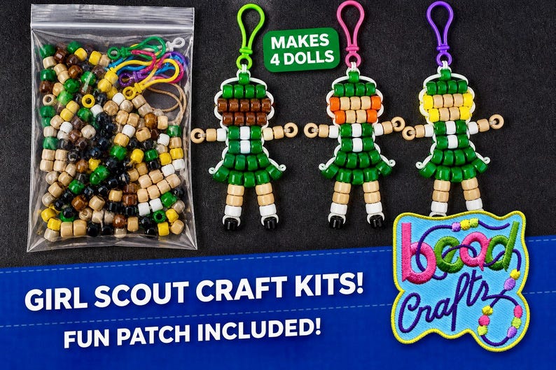 May include: A craft kit containing a clear plastic bag of assorted brown, green, yellow, and white beads, three assembled doll keychains with colorful clips, and a patch with the text "bead Crafts". The kit includes text "MAKES 4 DOLLS", "GIRL SCOUT CRAFT KITS!", and "FUN PATCH INCLUDED!".