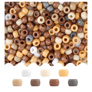 May include: A collection of small, cylindrical plastic pony beads in a neutral color palette. The assortment includes shades of white, cream, tan, light brown, dark brown, and grey. Seven individual beads are displayed separately below the main pile.