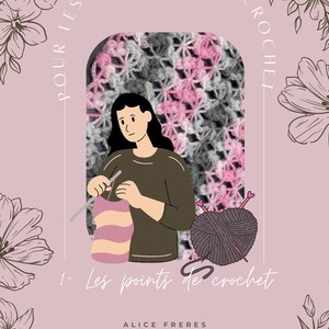 Può includere: Illustrazione di una donna che lavora all'uncinetto, con un pezzo all'uncinetto rosa e grigio sullo sfondo. L'immagine contiene il testo "Pour les débutants en crochet" e "1- Les points de crochet" con il nome "Alice Freres".