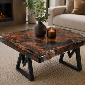 Tavolino da caffè in resina epossidica color oliva - Centenary Wood, pezzo di design realizzato a mano, 70×56 cm - Resistente ai raggi UV