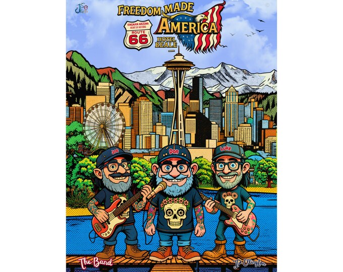Freedom Made America Poster | Seattle Band Cartoon Skyline Route 66