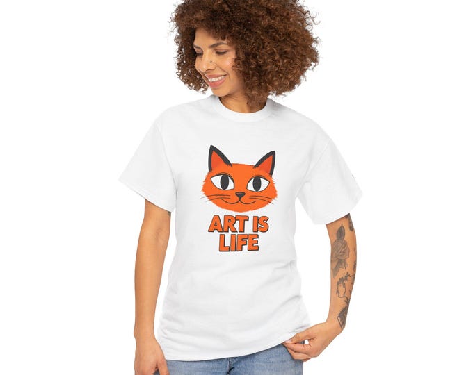 Orange Cat Face "Art Is Life" Graphic Tee | Cotton Art Lover Shirt