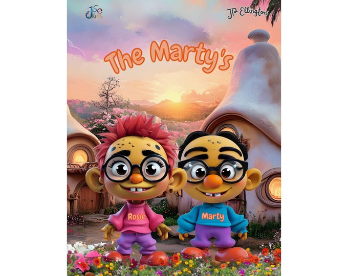The Martys Characters Poster | Cartoon Twins, Sunset Village Scene, Matte Print