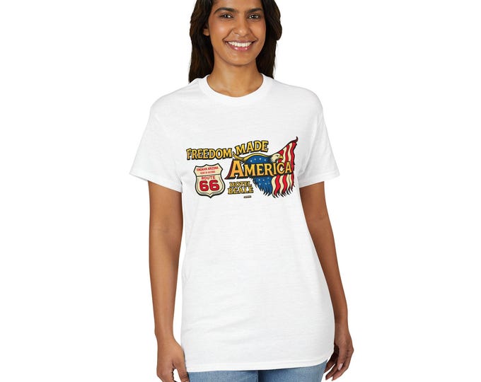 Freedom Made America Route 66 Map T-Shirt | American Flag Roadside Graphic