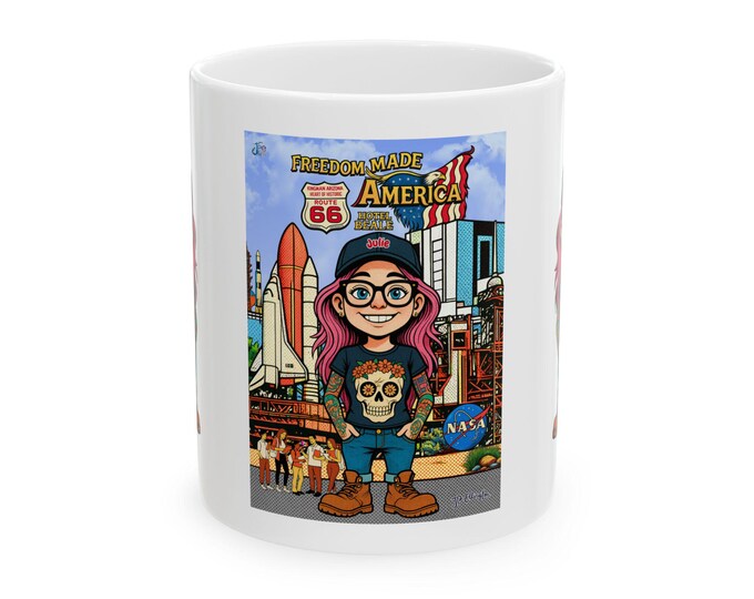 Freedom Made America Mug | Route 66 NASA Space Illustration Coffee Cup