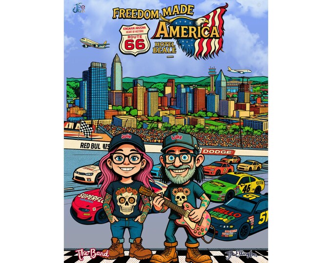 Freedom Made America Poster | Route 66, Nascar, Charlotte Cityscape (Matte Vertical Print)
