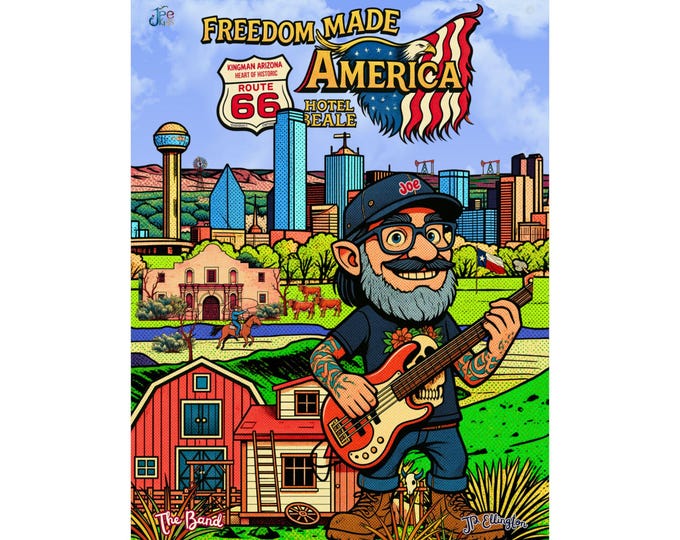 Freedom Made America Poster | Route 66 patriotic Dallas cityscape matte vertical poster