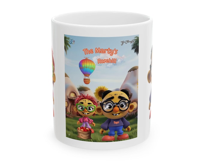 The Marty's Rosehill Cartoon Mug | Hot Air Balloon, Storybook Village Scene