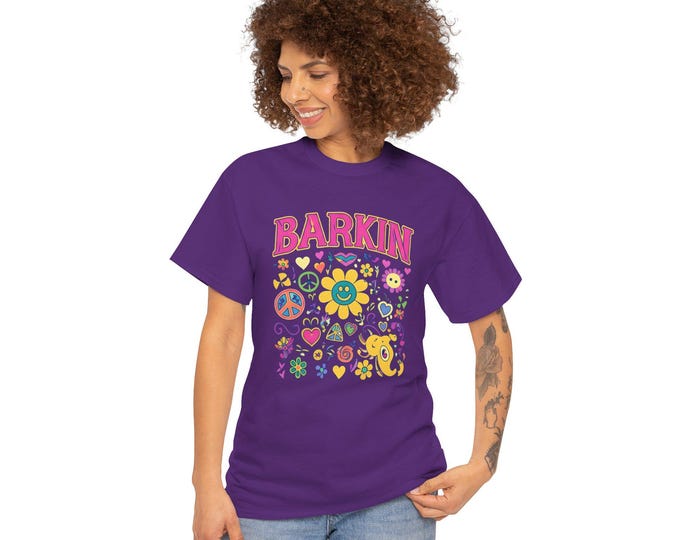 Barkin retro floral dog design T-Shirt | 70s cartoon flowers peace signs, JP Ellington Edition