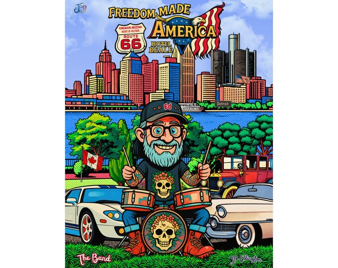 Freedom Made America poster Matte Vertical Poster |Detroit skyline, classic cars