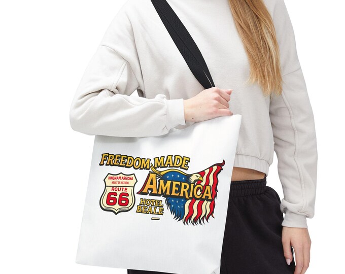 Freedom Made America Tote Bag | Route 66 Flag Graphic