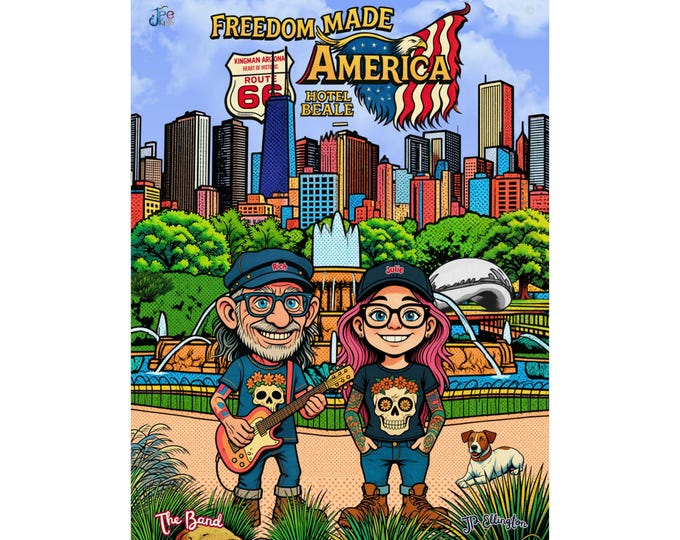 Freedom Made America Cartoon Couple Poster | Chicago Skyline Print (Matte Vertical)