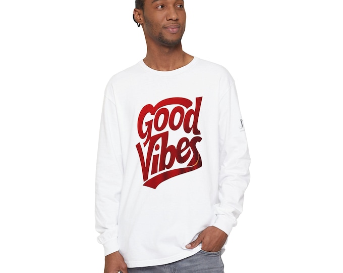 Good Vibes script graphic Long Sleeve Tee | White, Red lettering