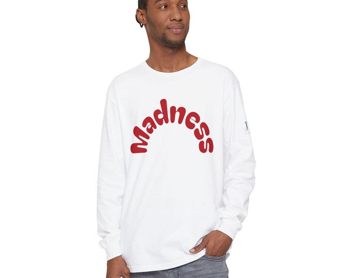 Madness Arch Logo long sleeve tee | White shirt with red retro text