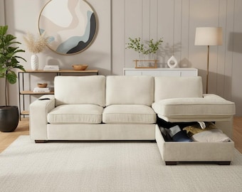 100" L-Shaped Sectional Sofa | Modern Chenille Couch with Storage Chaise, USB-C Ports