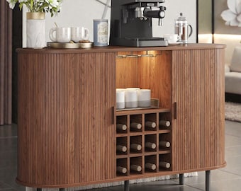 Walnut Wine Bar Cabinet with LED, Glass Holder, Wine Rack, Modern Farmhouse Storage