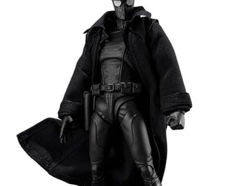 Gabardina de cuero negro hecha a mano Spider Noir, chaleco de disfraz de Spidey de Nicolas con pantalones.