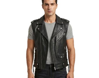 Chaleco de cuero negro estilo motero de Jason Lobo, hecho a mano para hombre y mujer.
