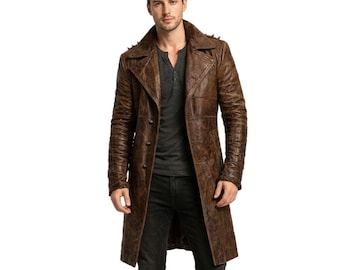 Gabardina de cuero marrón con tachuelas, súper inspirada en Jason Lobo Girl, hecha a mano para hombre y mujer.