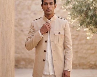 Chaqueta Shea Beige John Coat Singer Blazer hecha a mano inspirada en los Beatles para hombre y mujer.
