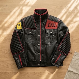 May include: Black leather jacket with red trim and quilted shoulder and elbow pads. Features a high collar, two chest pockets, and a patch with the text "17.E". Includes a yellow patch with a graphic.