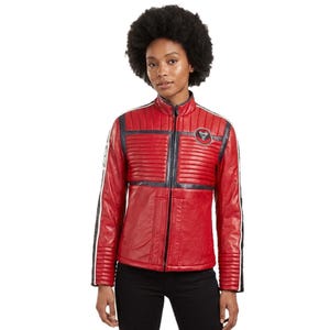 May include: A red leather jacket with a stand-up collar and a zipper closure. The jacket features black and white stripes on the sleeves and a patch on the chest. The jacket has a quilted design.