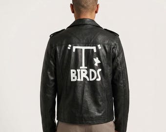 Chaqueta de cuero negra estilo motero, inspirada en la película Grease de Danny Zuko, hecha a mano.