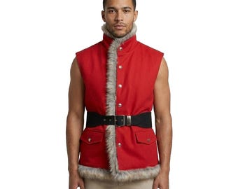 Disfraz navideño hecho a mano de Kurt Santa Claus con chaleco rojo para hombres y mujeres.