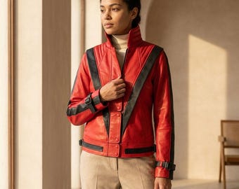 Chaqueta Michael Jackson roja y marrón, hecha a mano, para hombre y mujer.