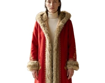 Disfraz navideño artesanal de la Sra. Claus: abrigo rojo de lana para hombre y mujer.