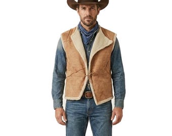 Chaleco vaquero de piel de ante marrón con forro de borrego, inspirado en Clint, hecho a mano para hombre y mujer.