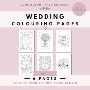 May include: A set of six black and white wedding-themed coloring pages. The pages feature illustrations of a wedding dress, tuxedo, bouquet, wedding rings, bells, and a car with a "Just Married" sign. The text reads "WEDDING COLOURING PAGES" and "SET 1 - 6 PAGES".