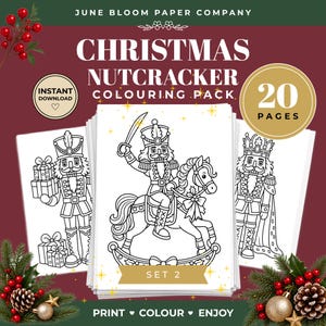 Op de afbeelding: Een digitaal kerstnotenkraker kleurboekpakket van June Bloom Paper Company met 20 pagina's zwart-wit lijntekeningen van notenkrakers, waaronder een op een hobbelpaard, met teksten voor directe download en set 2.