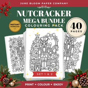 May include: A digital colouring pack titled Nutcracker Mega Bundle featuring 40 pages of black and white line art illustrations of nutcrackers, Christmas trees, gifts, and holiday decorations on a dark green background with red accents.
