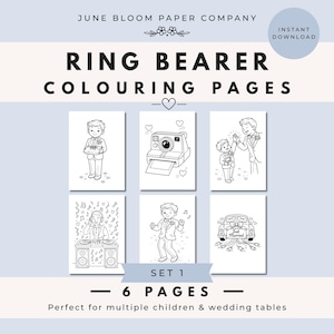 Puede incluir: Un conjunto de seis páginas para colorear en blanco y negro con ilustraciones temáticas de boda. El texto "RING BEARER COLOURING PAGES" se muestra en la parte superior. Las páginas presentan imágenes de un portador de anillos, una cámara, un DJ y un coche con "Just Married".