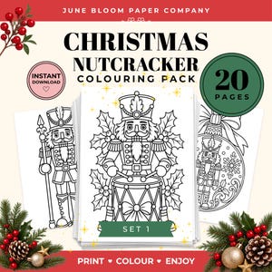 May include: A digital Christmas Nutcracker colouring pack from June Bloom Paper Company featuring 20 pages of black and white line art illustrations of nutcrackers, holly, and ornaments. The set includes an instant download option.