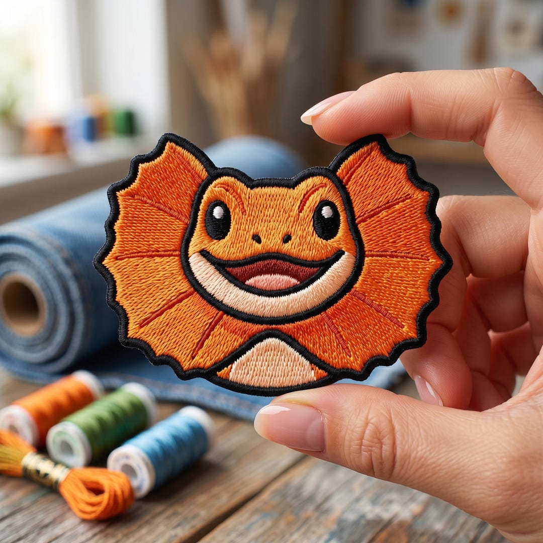 Cute Frilled Lizard Embroidered Patch Iron on Sew Badge Orange Reptile ...