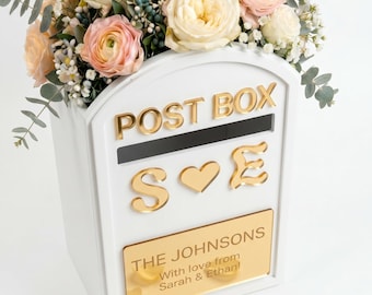 Lockable Wooden Wedding Post Box, Custom Envelope Slot Mailbox, Personalized Engagement Gift Idea, Wood Money Holder with Floral Niche