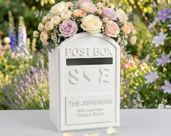 Wooden Wedding Card Box with Slot, Elegant Envelope Holder for Reception, Personalized Money Box with Acrylic Letters, Custom Floral Post