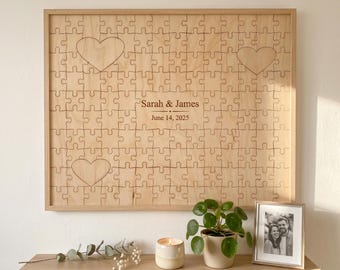 Personalized Wooden Puzzle Guest Book, Laser Engraved Birch Wood Wedding Decor