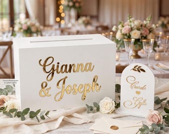 Personalized Wedding Card Box, White Gold Gift Holder, Boho Rustic Decor